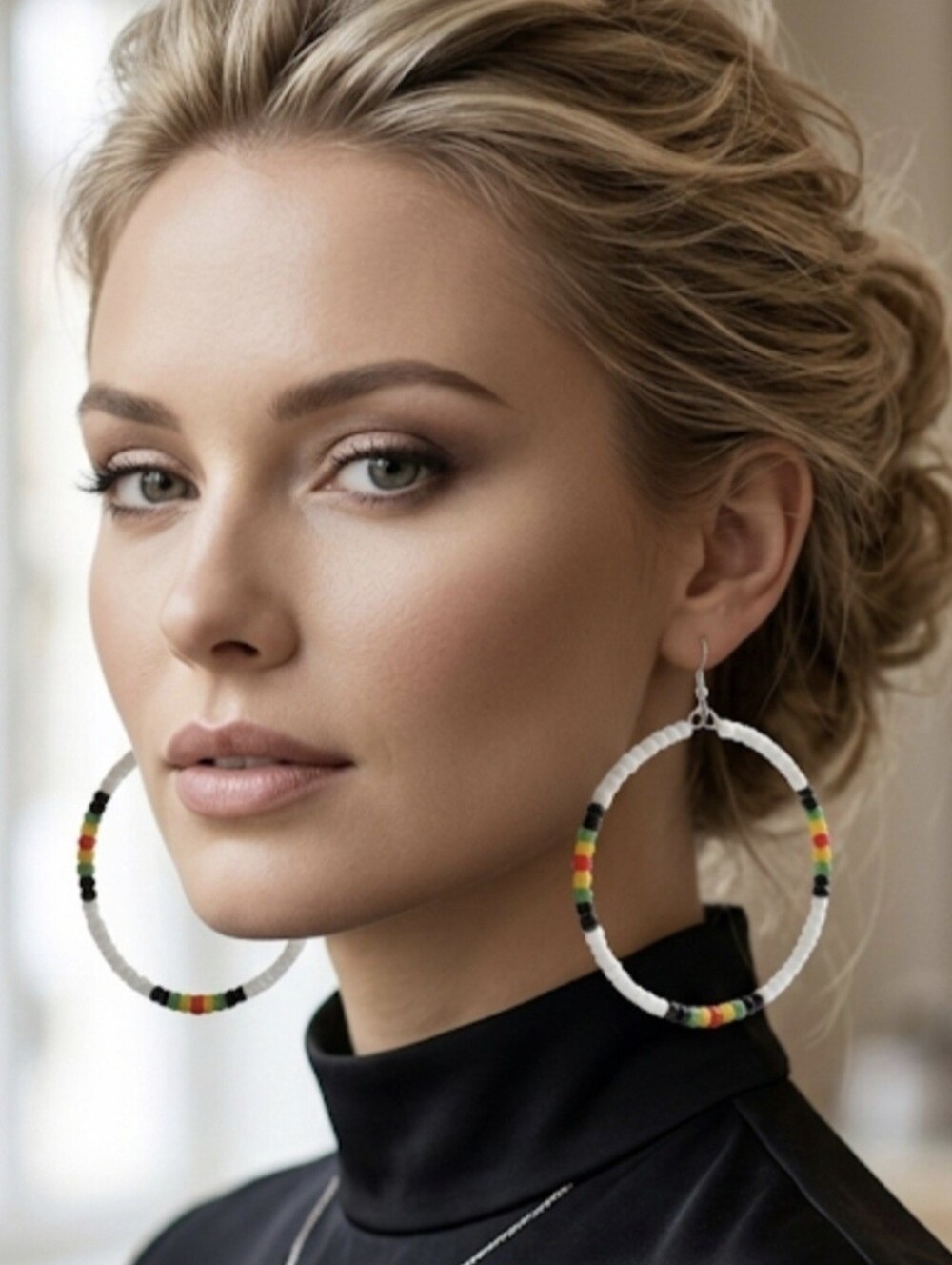 White Beaded Hoop Earrings with Multicolor Accent Beads